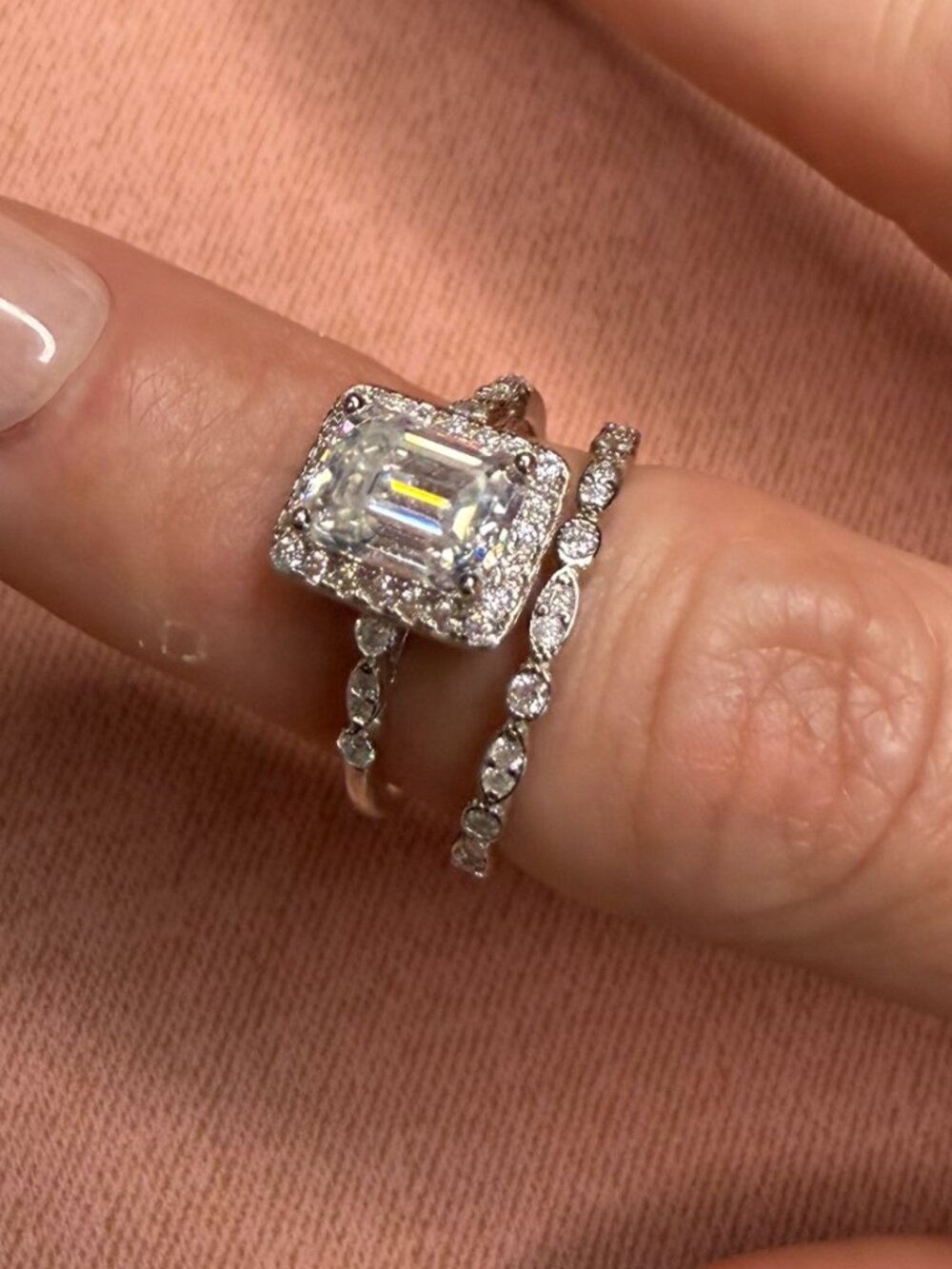 2.74 ct. Emerald-Cut Moissanite Bridal Set โ .925 Sterling Silver - Size 6 - Picture 8 of 9